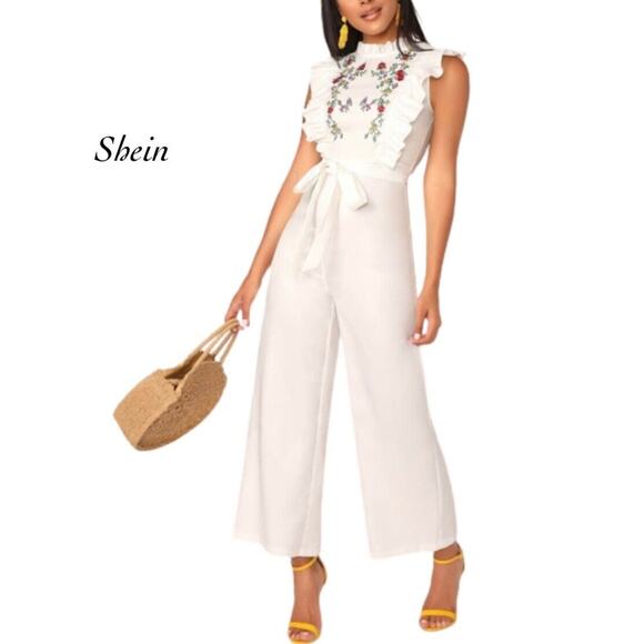SHEIN White Mock Neck Ruffle Trim Embroidery Belted Palazzo Jumpsuit NWOT Size S - Picture 1 of 8
